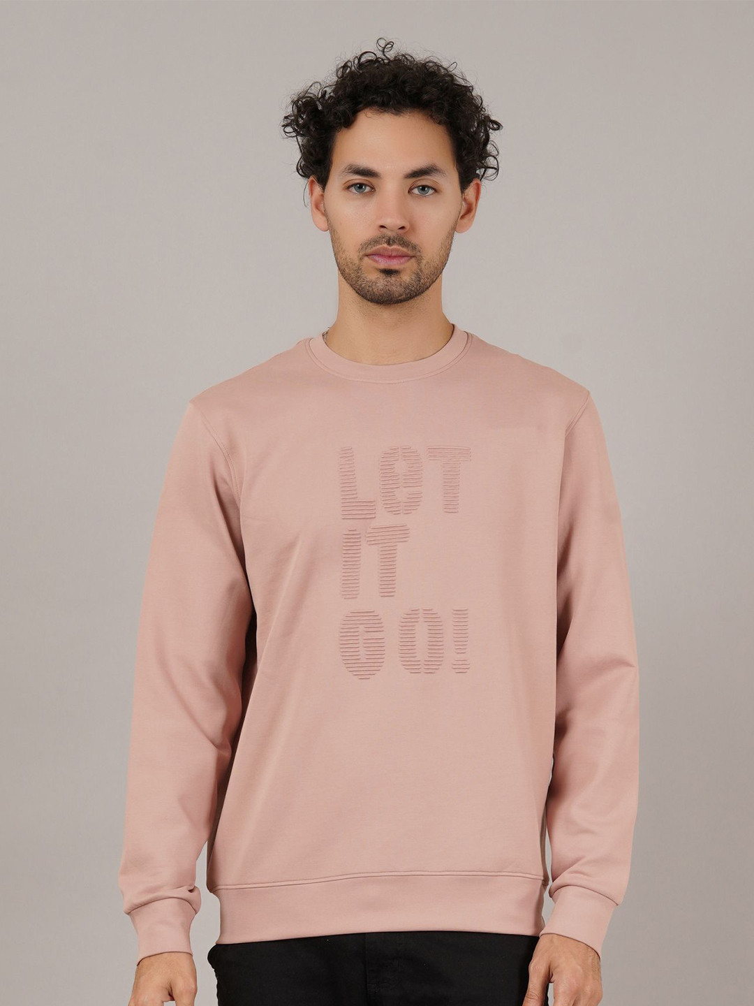 Davno Self Design Round Neck Long Sleeves Cotton Pullover Sweatshirt
