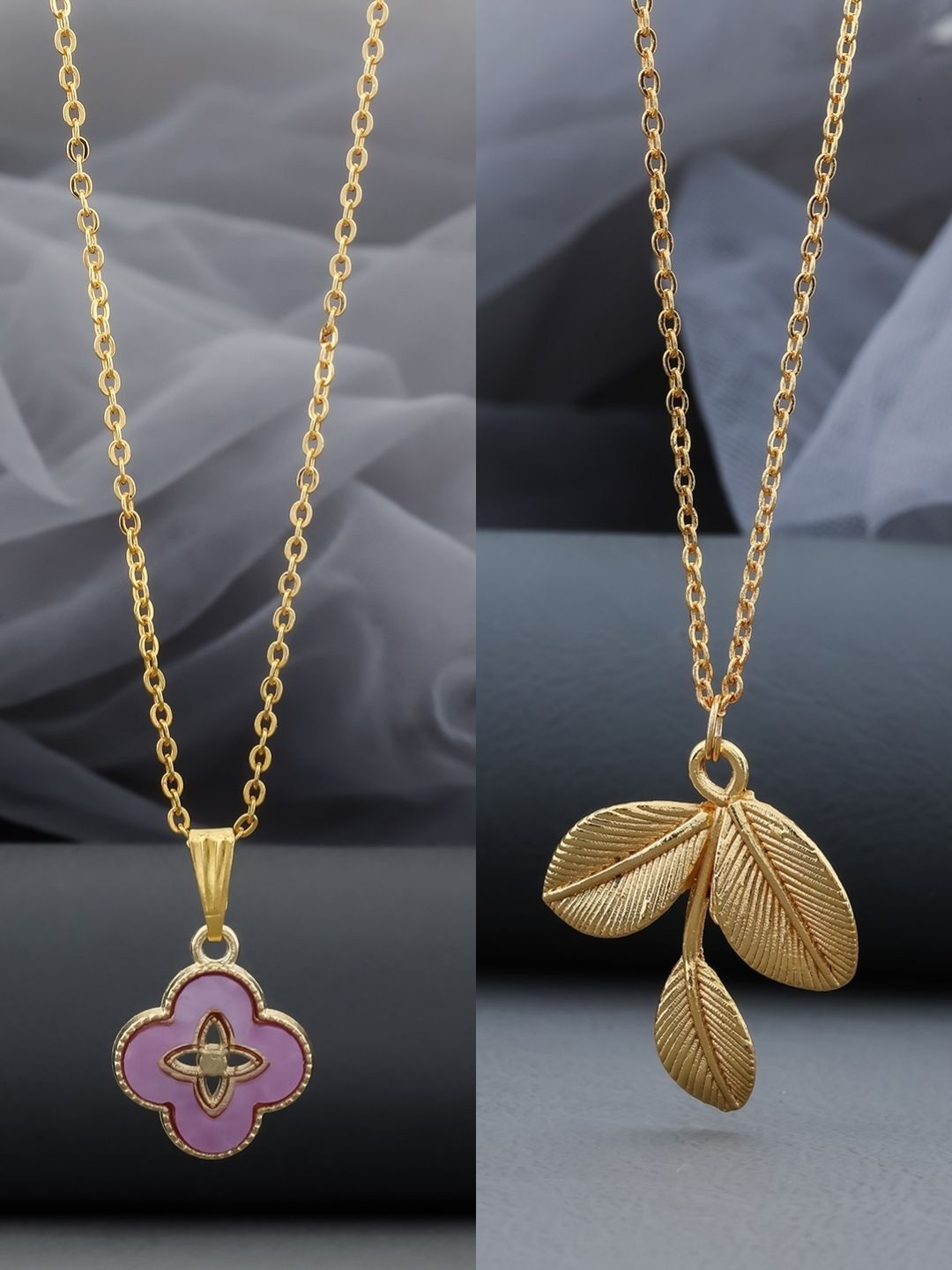 SZN Set Of 2 Stainless Steel Gold-Plated Beaded Floral Shaped Pendant With Chain