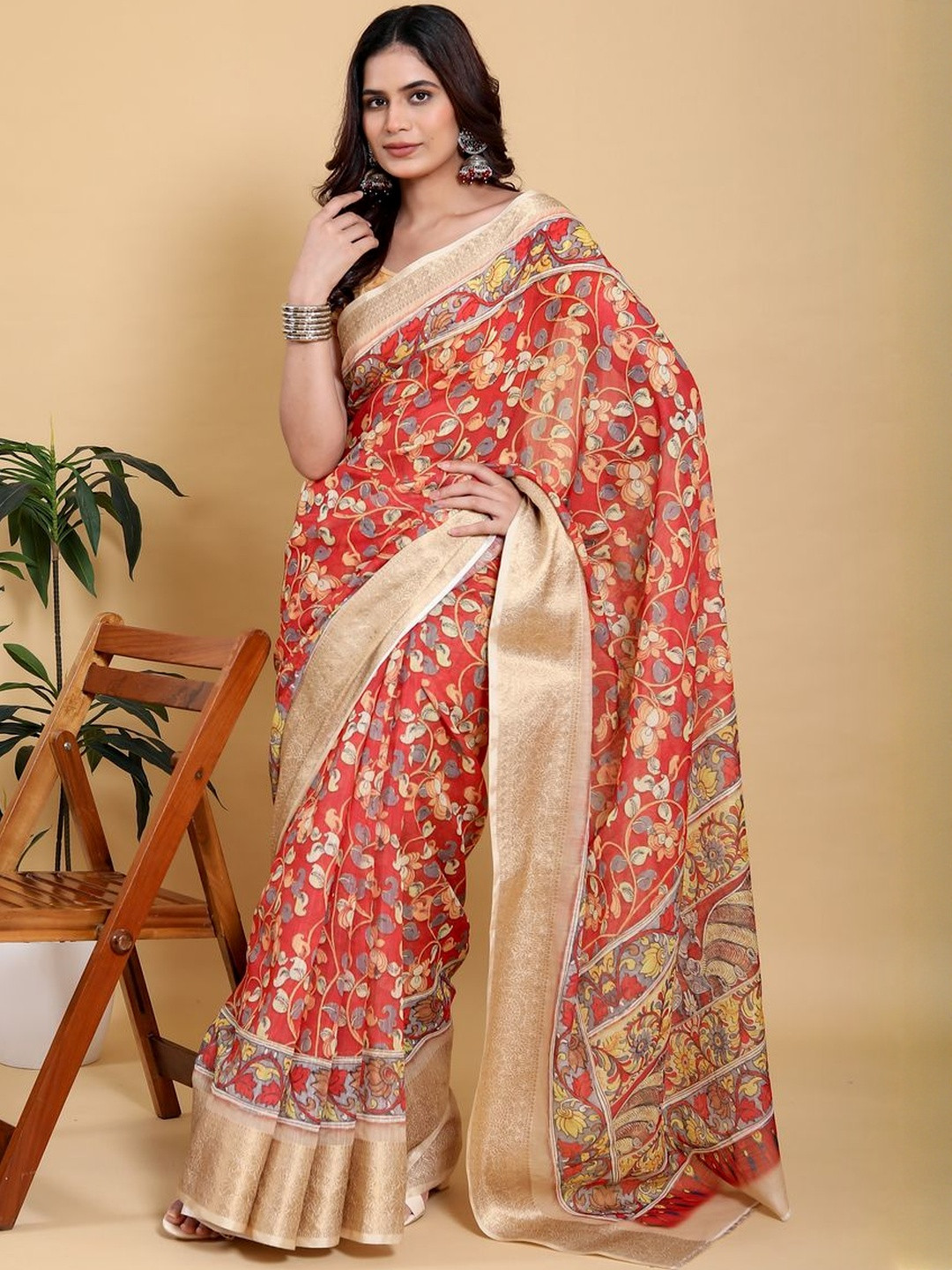 PRISHA FASHION Floral Printed Zari Work Banarasi Silk Cotton Saree With Blouse Piece