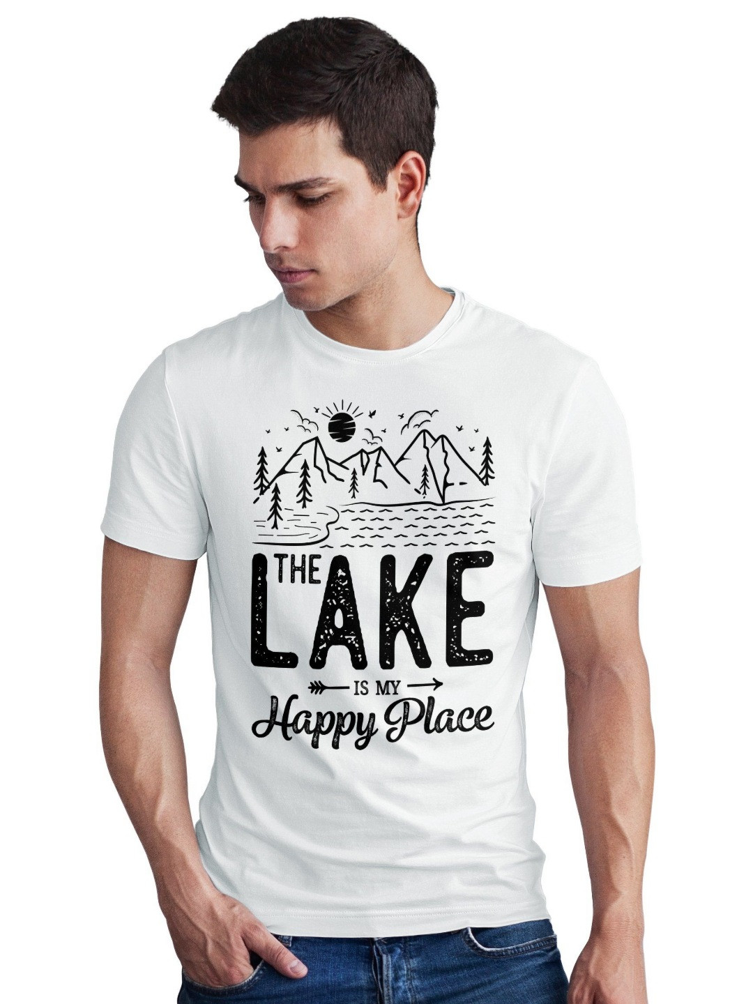 Seekbuylove Men Bio Finish Lake Happy Place Round Neck Pure Cotton T-shirt