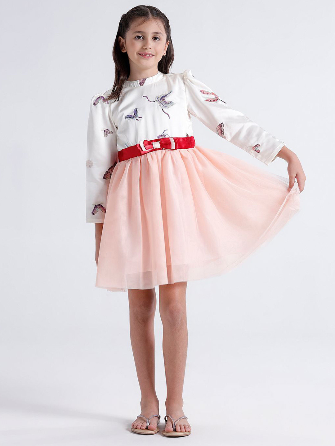 KATE & OSCAR Girls Floral Embroidered Satin Flare Dress