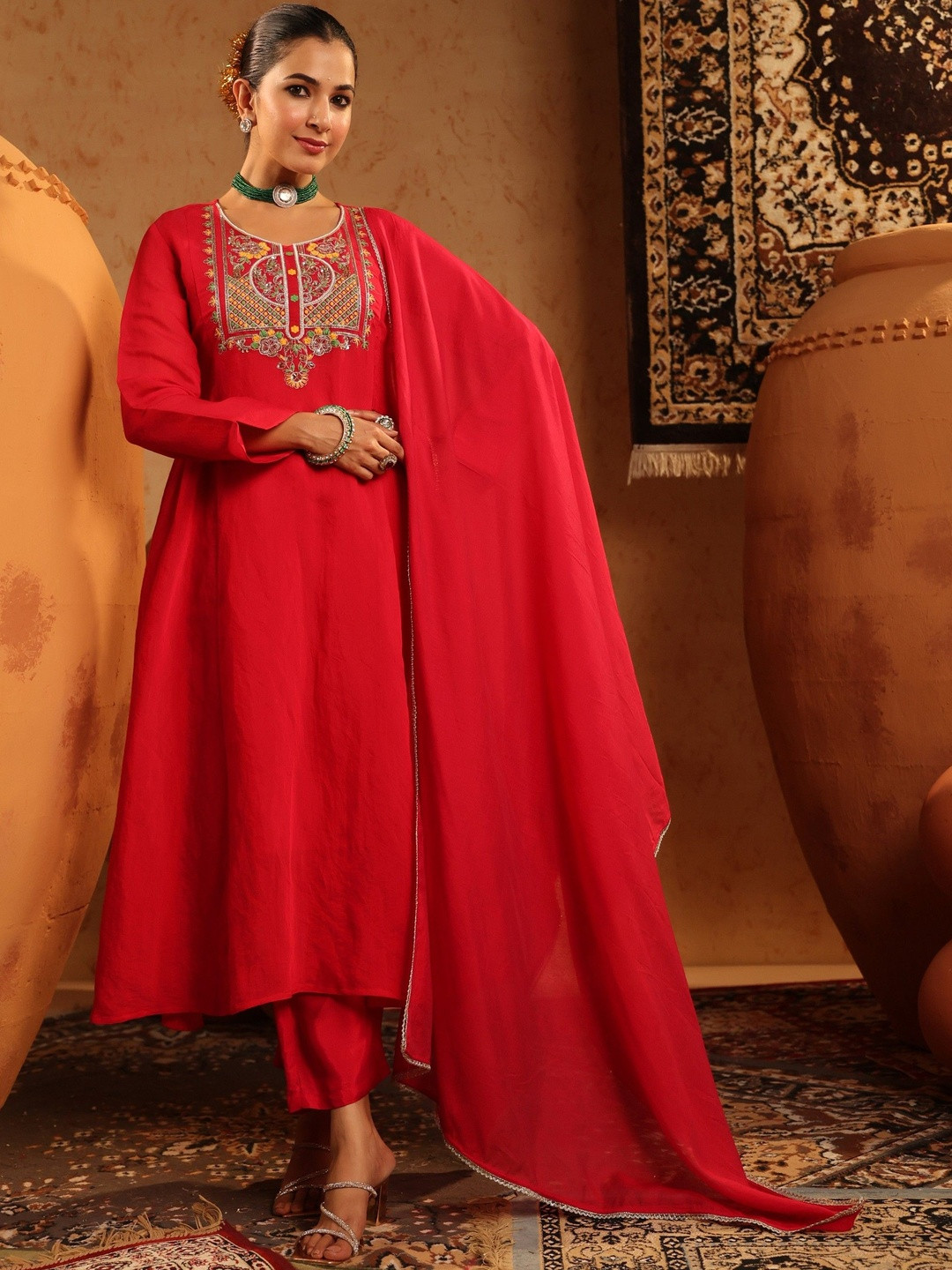 SCAKHI Women Red Mul Chanderi Hand Embroidered Anarkali Kurta with Trousers & Dupatta