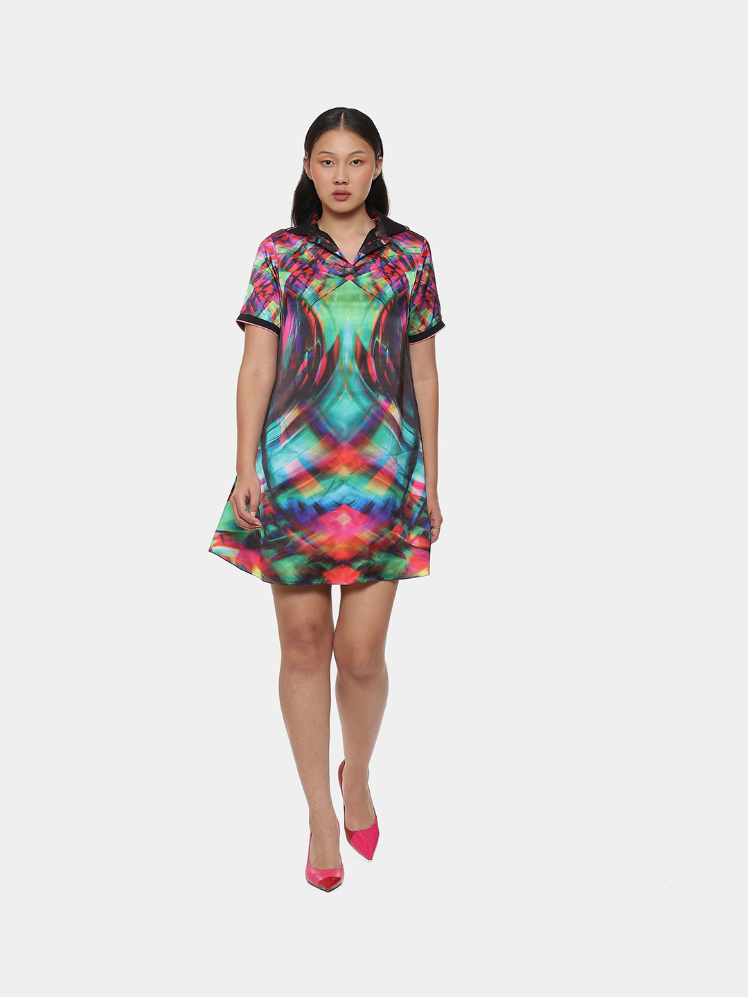 Satya Paul Abstract Printed Shirt Collar Satin Shift Dress