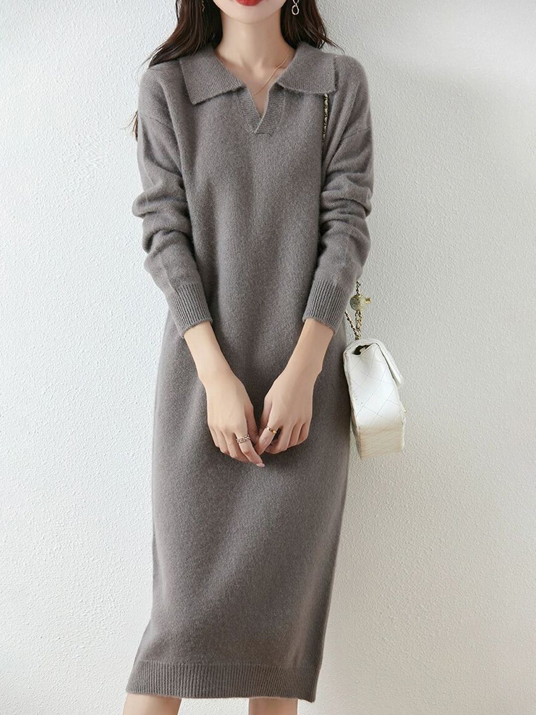 StyleCast  Solid Polo Collar Long Sleeves Shift Midi Dress