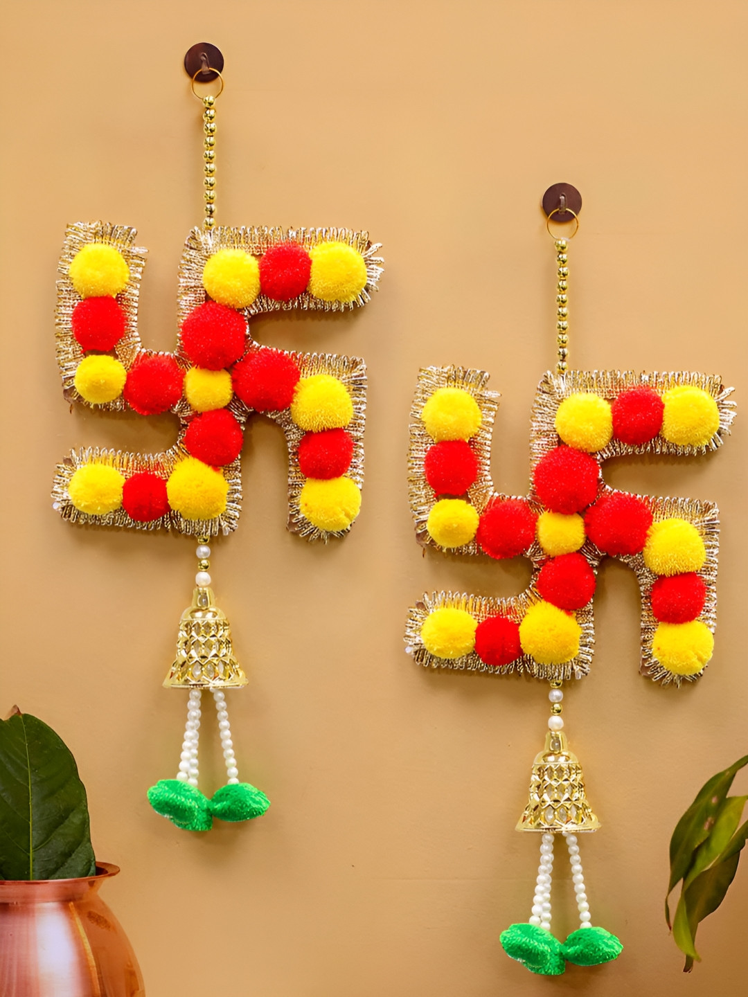 TIED RIBBONS 2 Pieces Red & Yellow Wall Hanging Door Latkans