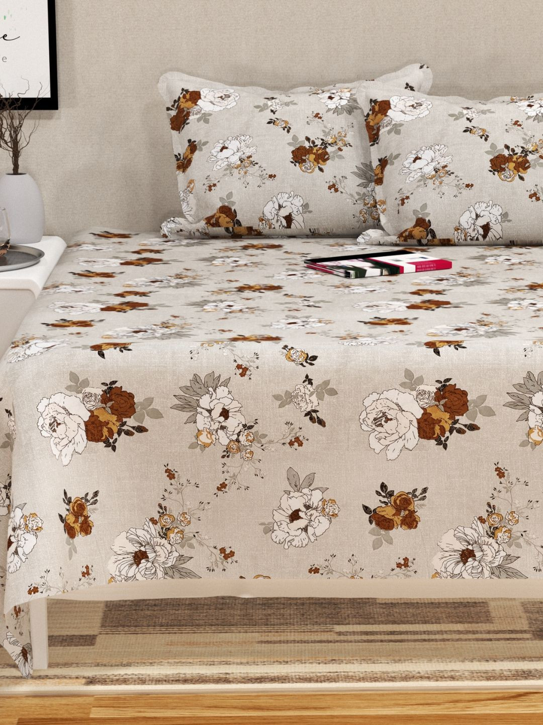 bsb home Prime Collection Brown Floral Microfiber 144 TC Queen Bedsheet with 2 Pillow Covers-90 x 87 inches