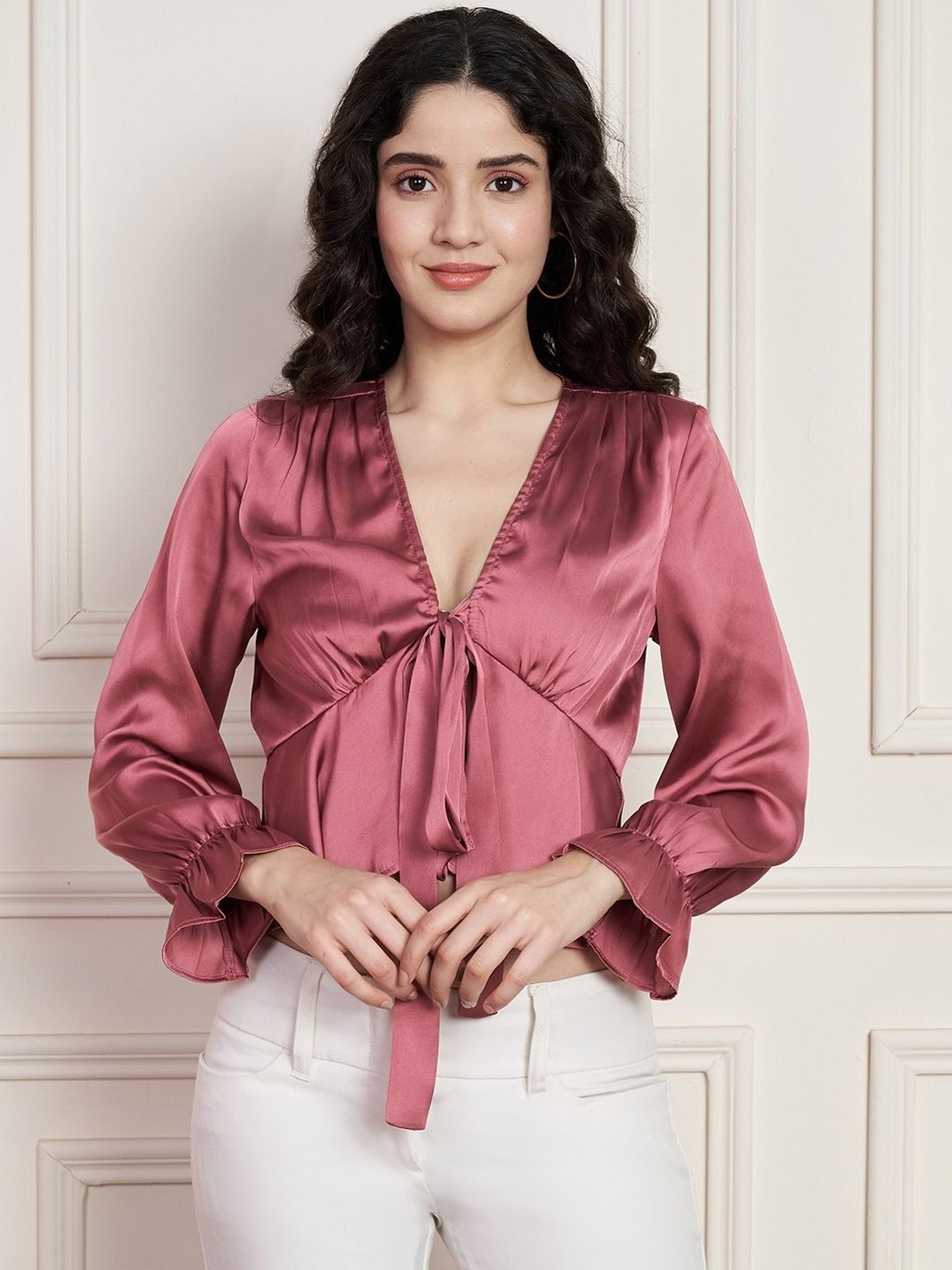 SZN V-Neck Flared Sleeve Tie-up Wrap Crop Top