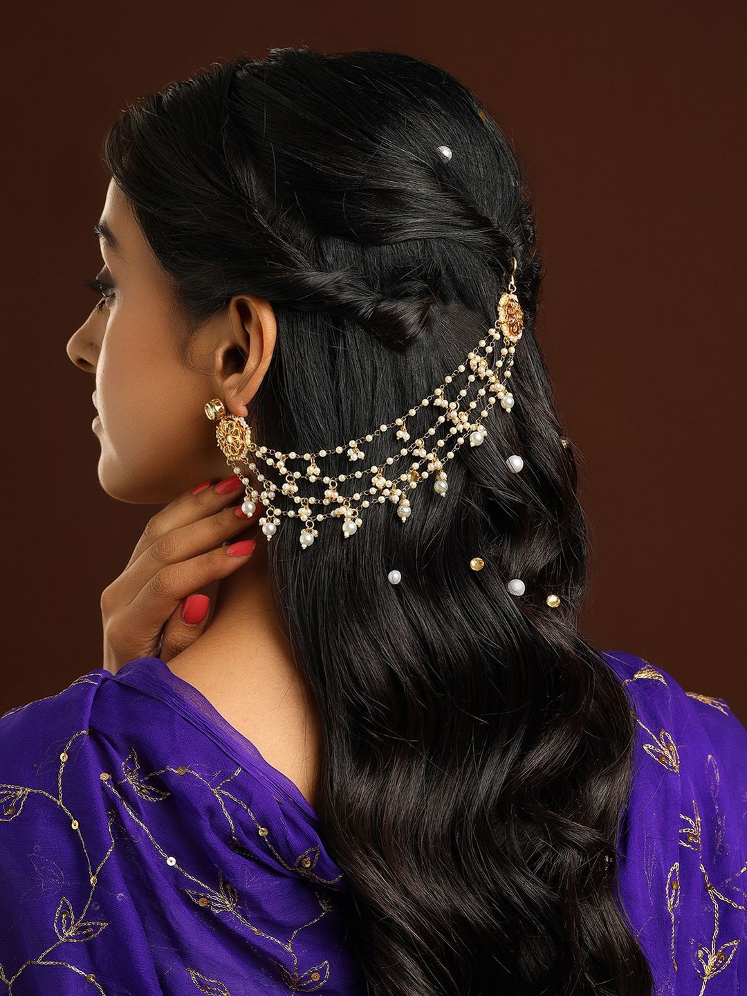 Ruby Raang Gold-Plated Kundan Floral Ear Cuff With Chains