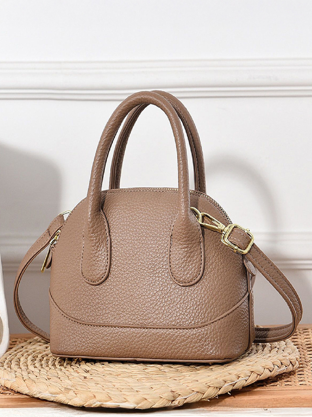 StyleCast Khaki & Gold Toned Textured Shopper Handheld Bag