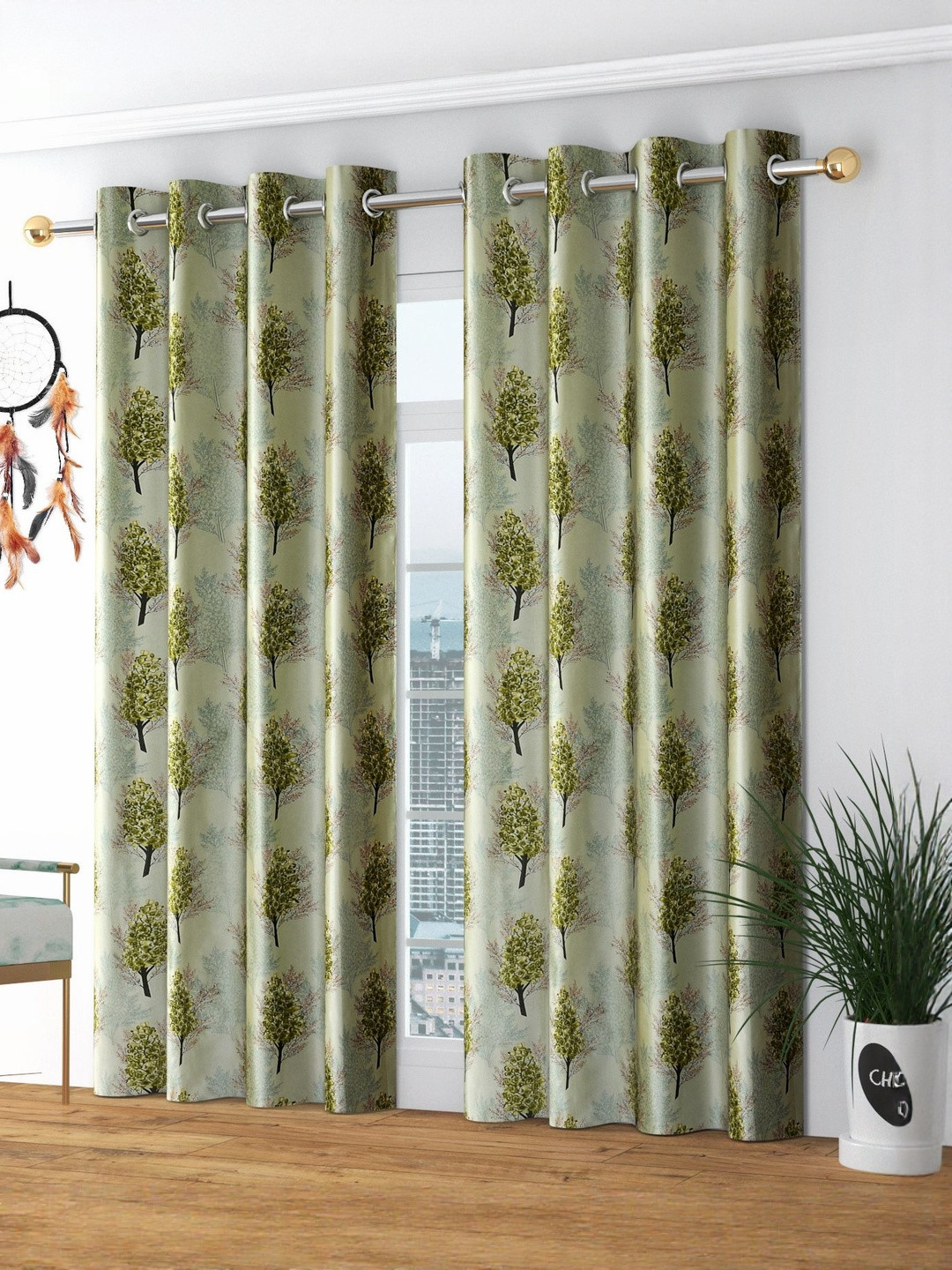 GEET CREATIONS Softy-Angur Green & Brown 2 Pieces Printed Room Darkening Window Curtains