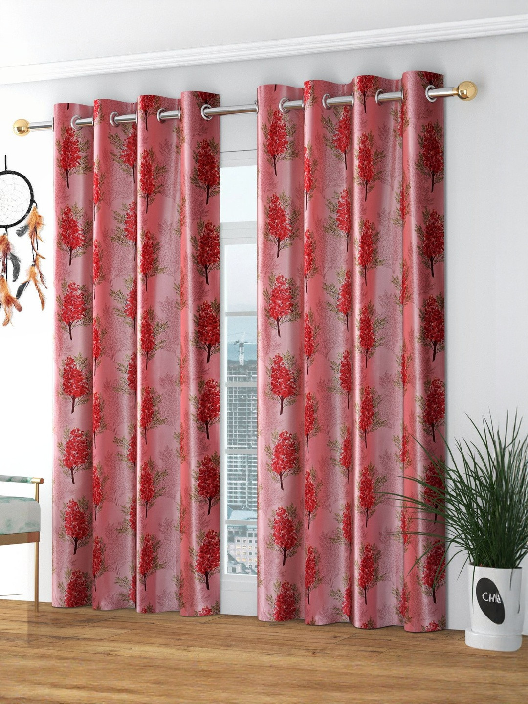 GEET CREATIONS Softy-Angur Maroon & Pink 2 Pieces Printed Room Darkening Window Curtains