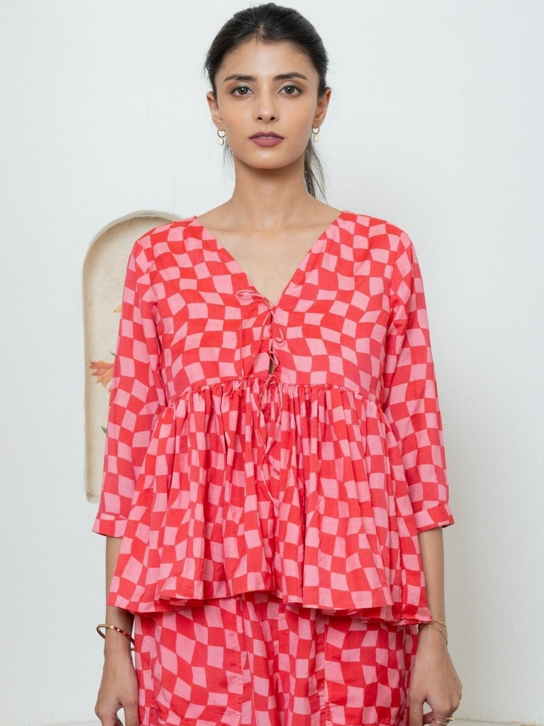 TRUE TONES Women Checked V-Neck Tie-Ups Peplum Top