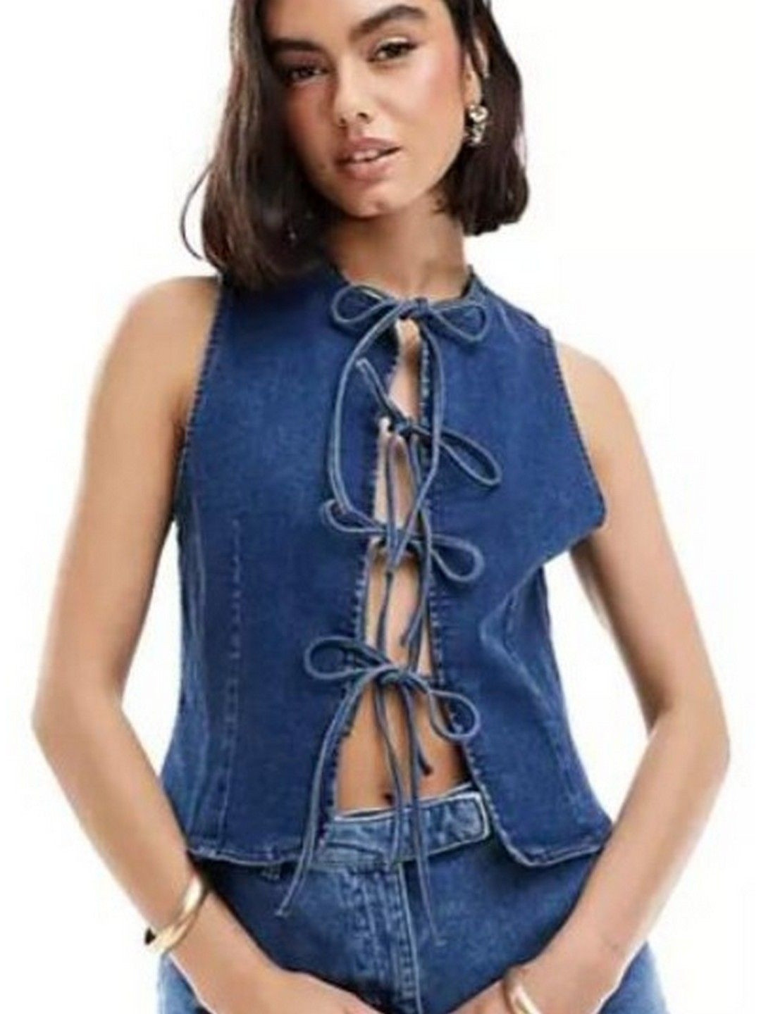 bebe Women Sleeveless Lace-Up Front Denim Top