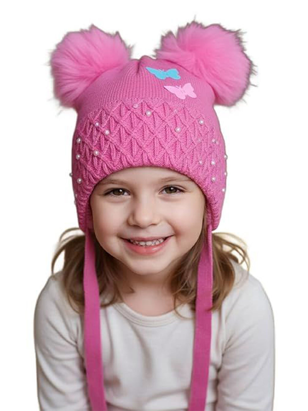 Eleg & Stilance Girls Double Pom & Butterfly Design Embellished Winter Beanie Cap