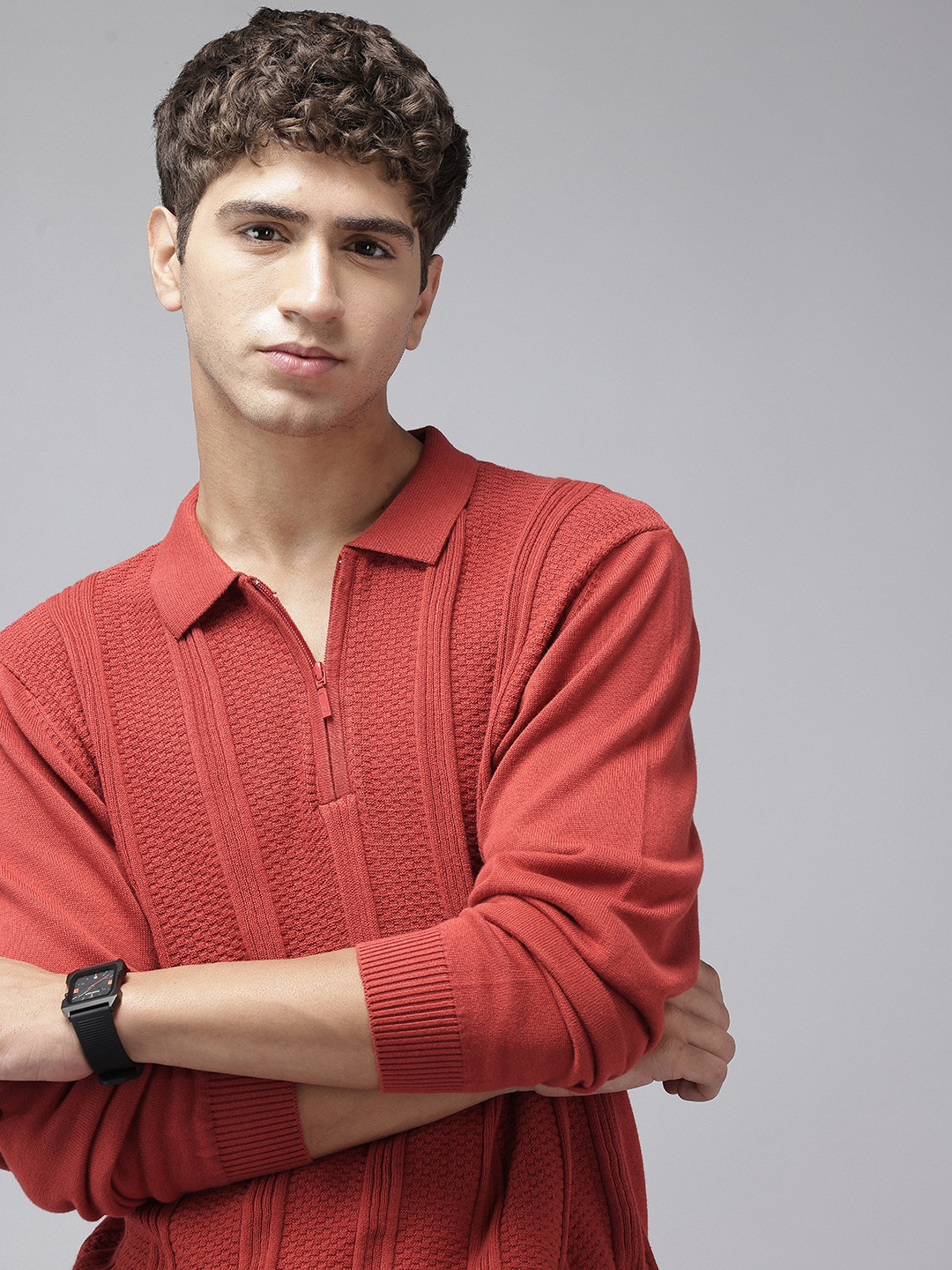 ColorPlus Shirt Collar Cable Knit Pure Cotton Pullover Sweater