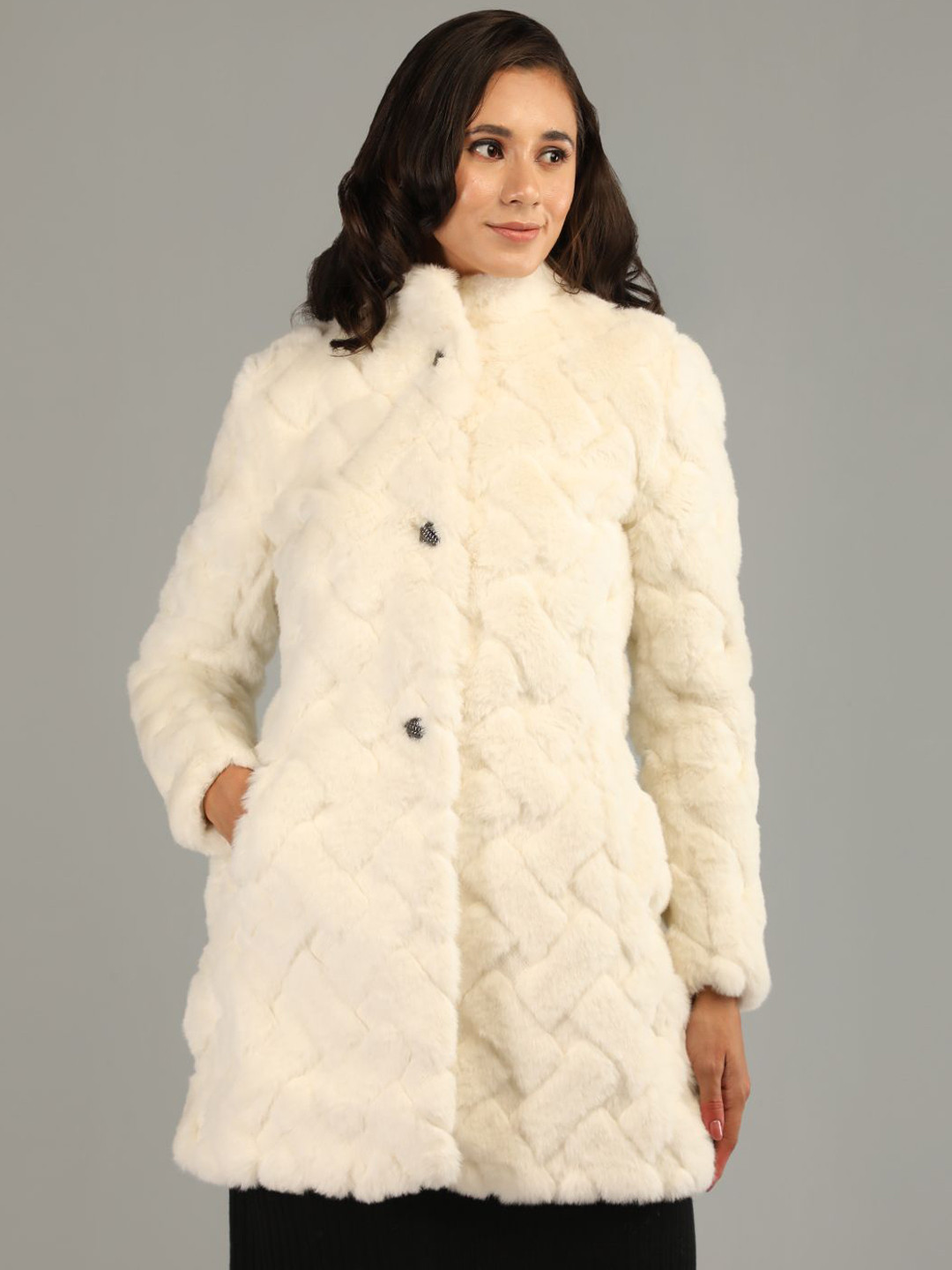 HONNETE Women Self Design Stand Collared Faux Fur Trim Single-Breasted Trench Coat