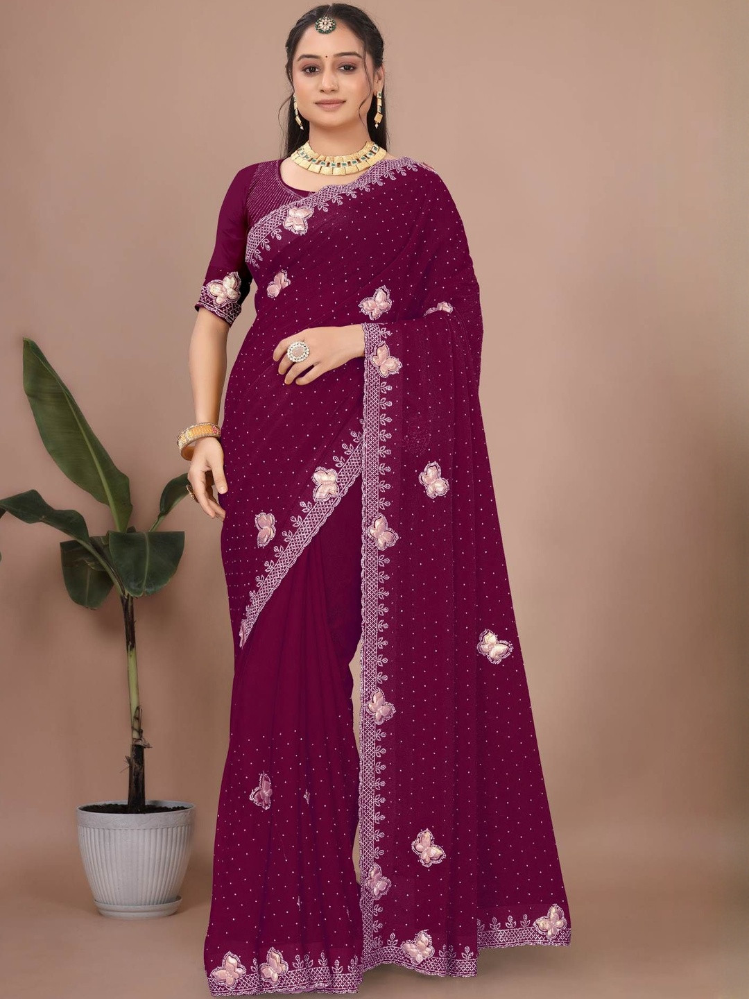 Rovera nx Naira Embellished Beads and Stones Border Satin Saree with Blouse Piece