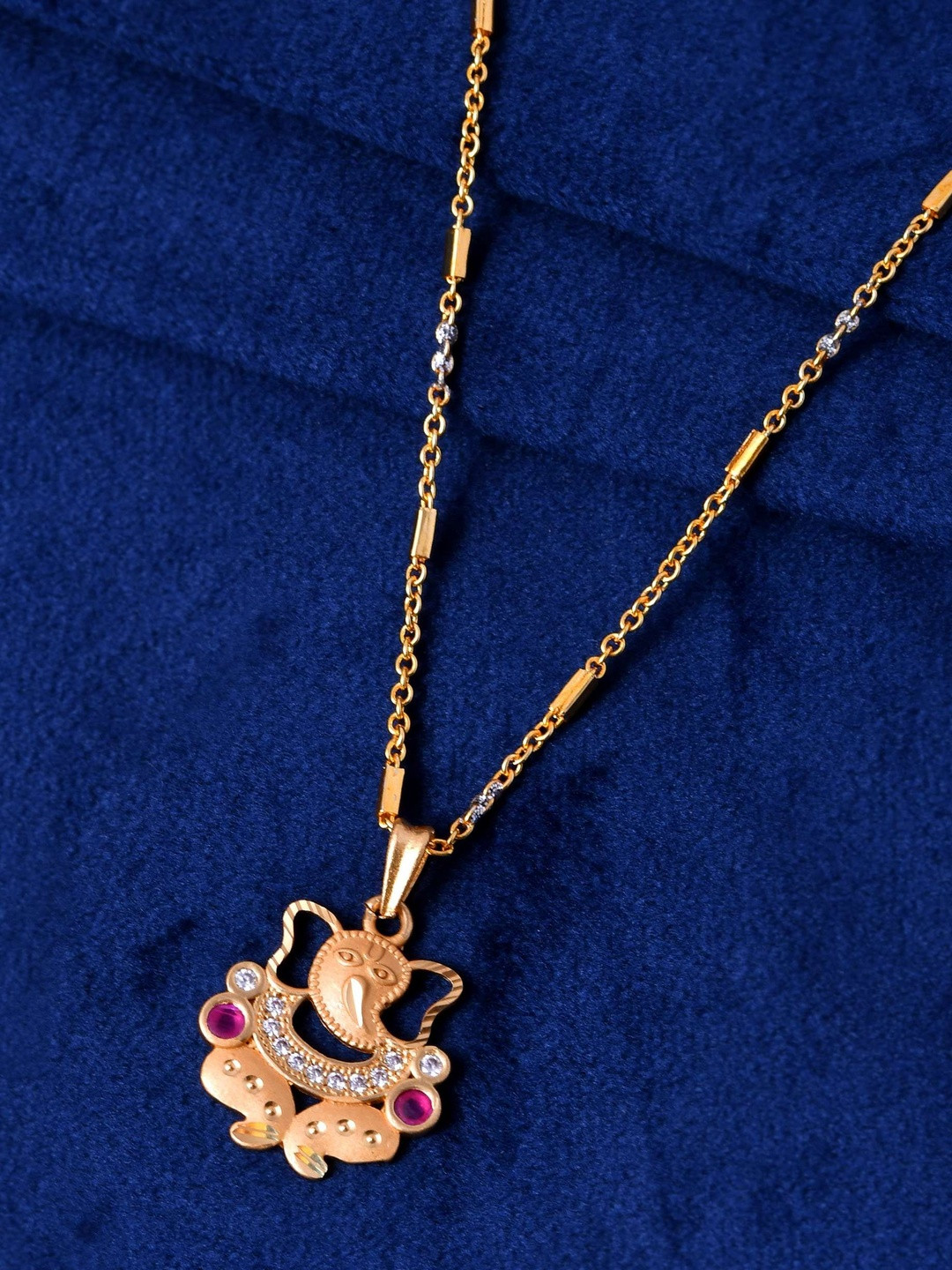 Jewels Nest Stainless Steel Gold-Plated Stones & Ruby Studded Ganesh Ji Pendant With Chain