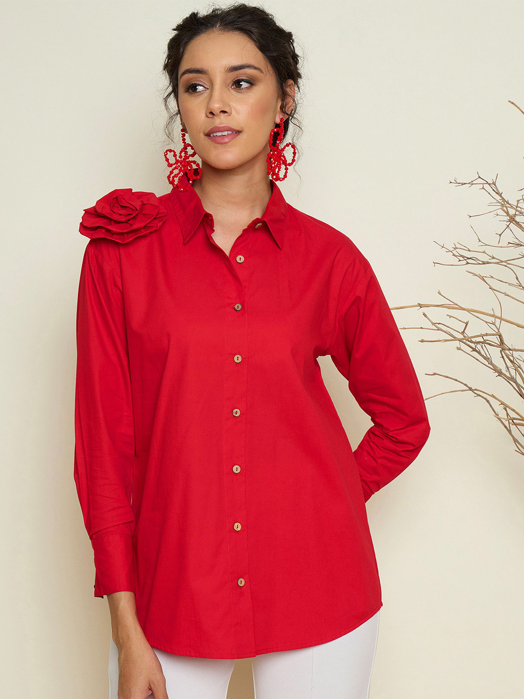 Pink Paprika by SASSAFRAS Women Solid Spread Collar Rose embellished Cotton Casual Shirt