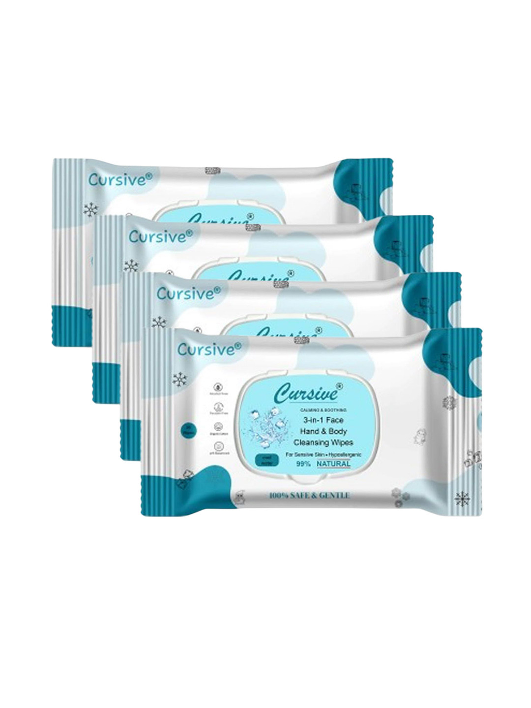 CURSIVE Set Of 4 Calm & Soothing Cleansing Face & Body Refreshing Wet Wipes - 25 Pcs Each
