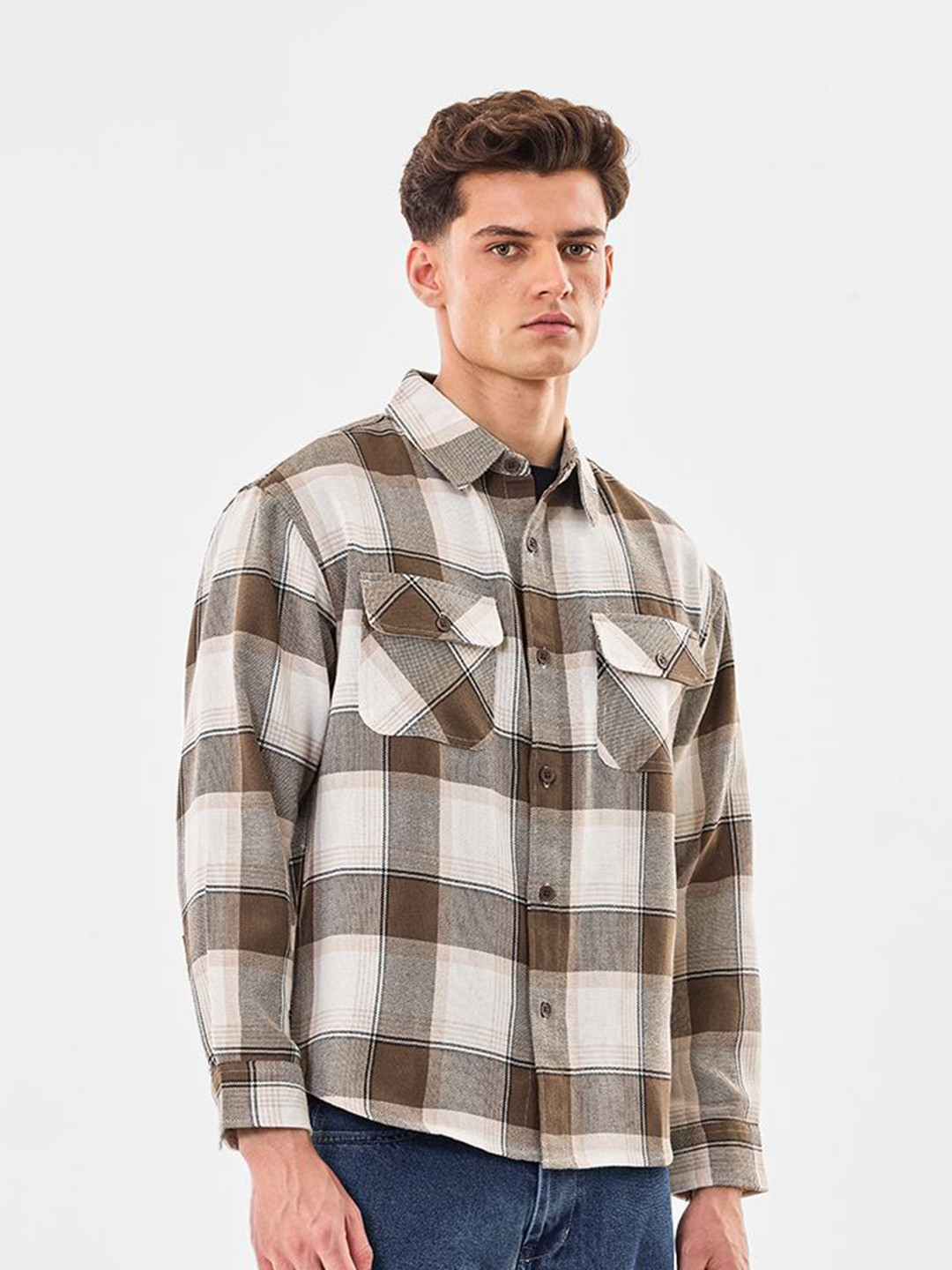 Snitch Men Brown Plaid Overshirt Shirts