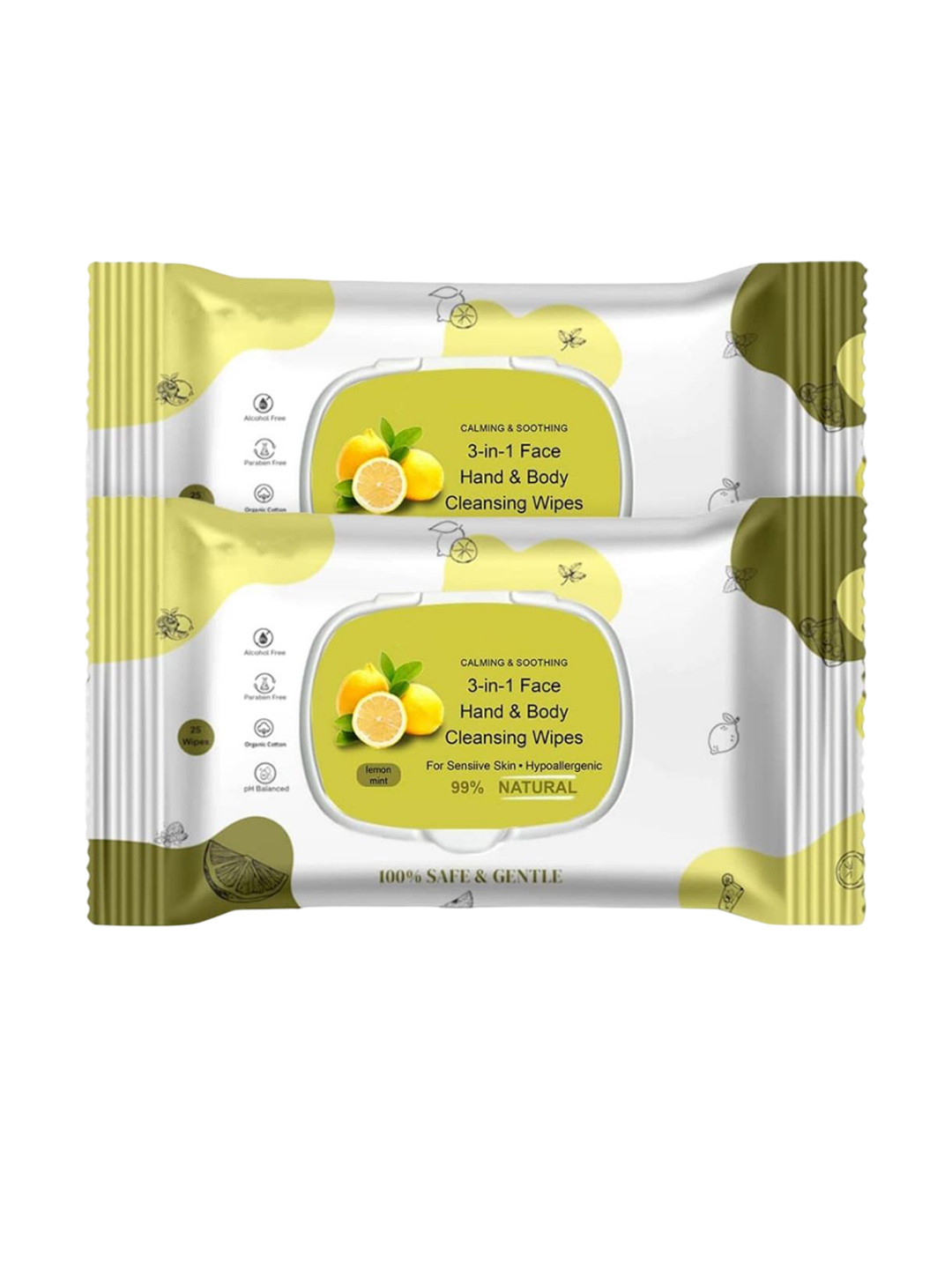 CURSIVE Set Of 2 Lemon Mint Face & Body Refreshing Wet Wipes - 25 Wipes Each