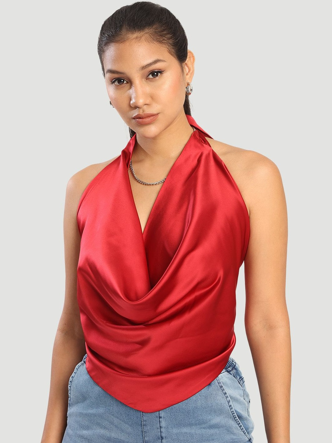 Bene Kleed Women Satin Halter Neck Backless Tie-Ups Top
