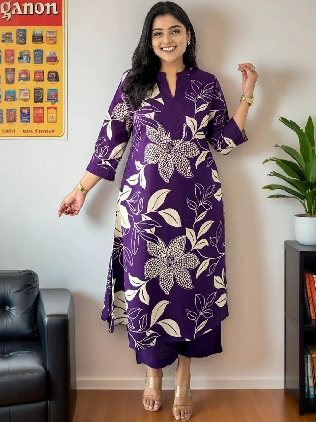 Monvari Women Floral Printed A-Line Kurta with Palazzo