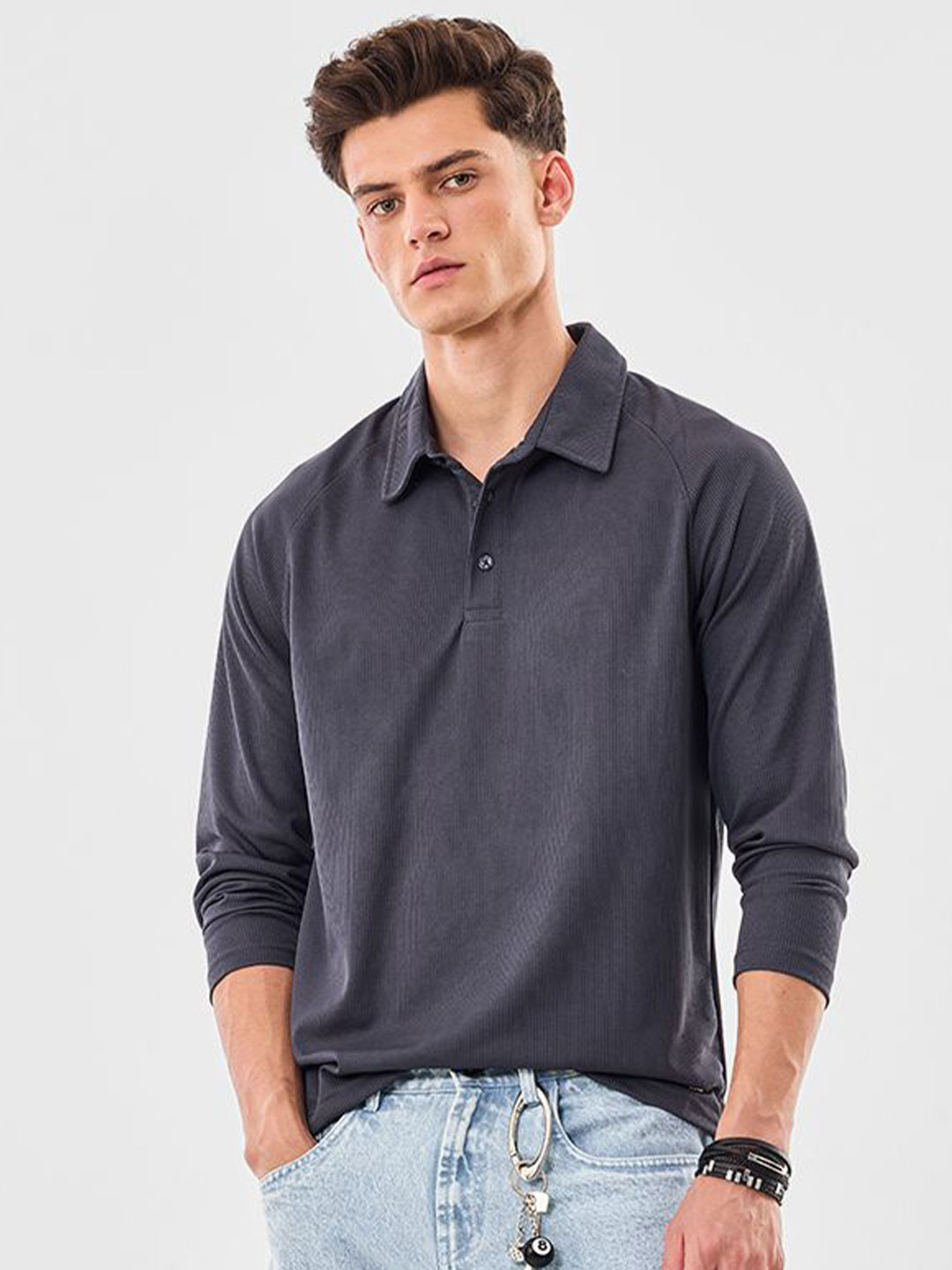 Snitch Textured Polo Collar Long Sleeves Slim Fit T-Shirt