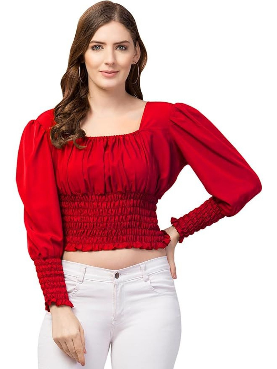Shopbering Women Square Neck Smocked Puff Sleeve Crop Blouson Top