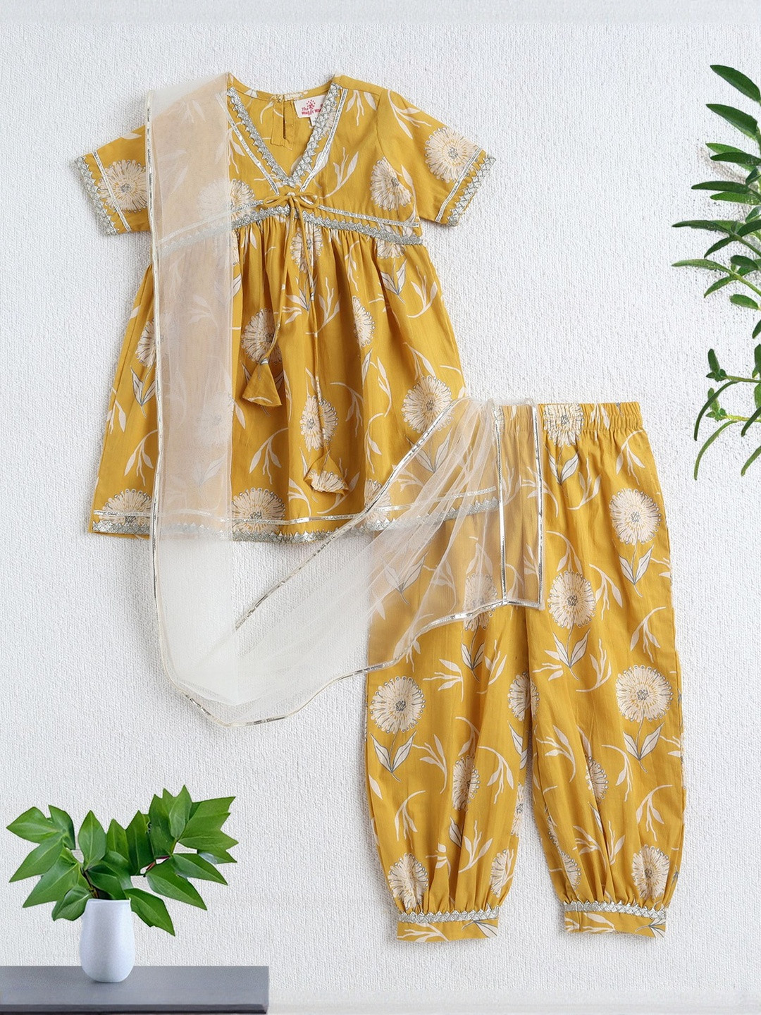 The Magic Wand Girls Floral Printed Gotta Patti Anarkali Kurta With Harem Pants & Dupatta