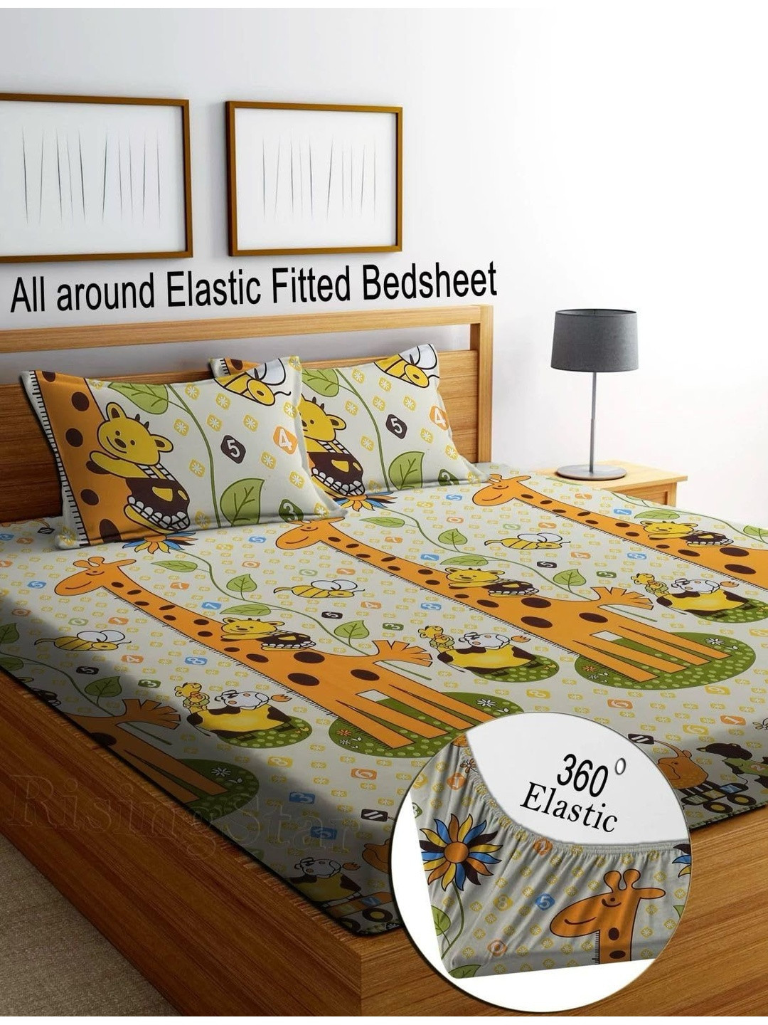 NEW TOWN Orange & Green Graphic 210 TC Queen Bedsheet with 2 Pillow Covers