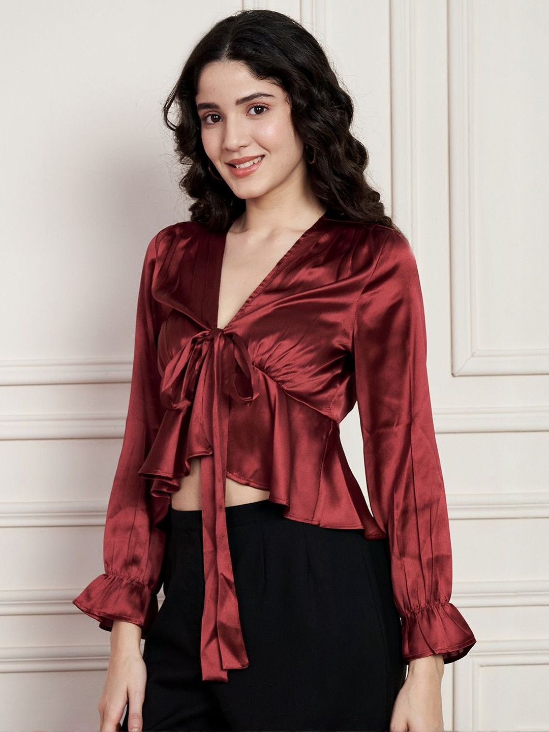 SZN V-Neck Flared Sleeve Tie-up Wrap Crop Top