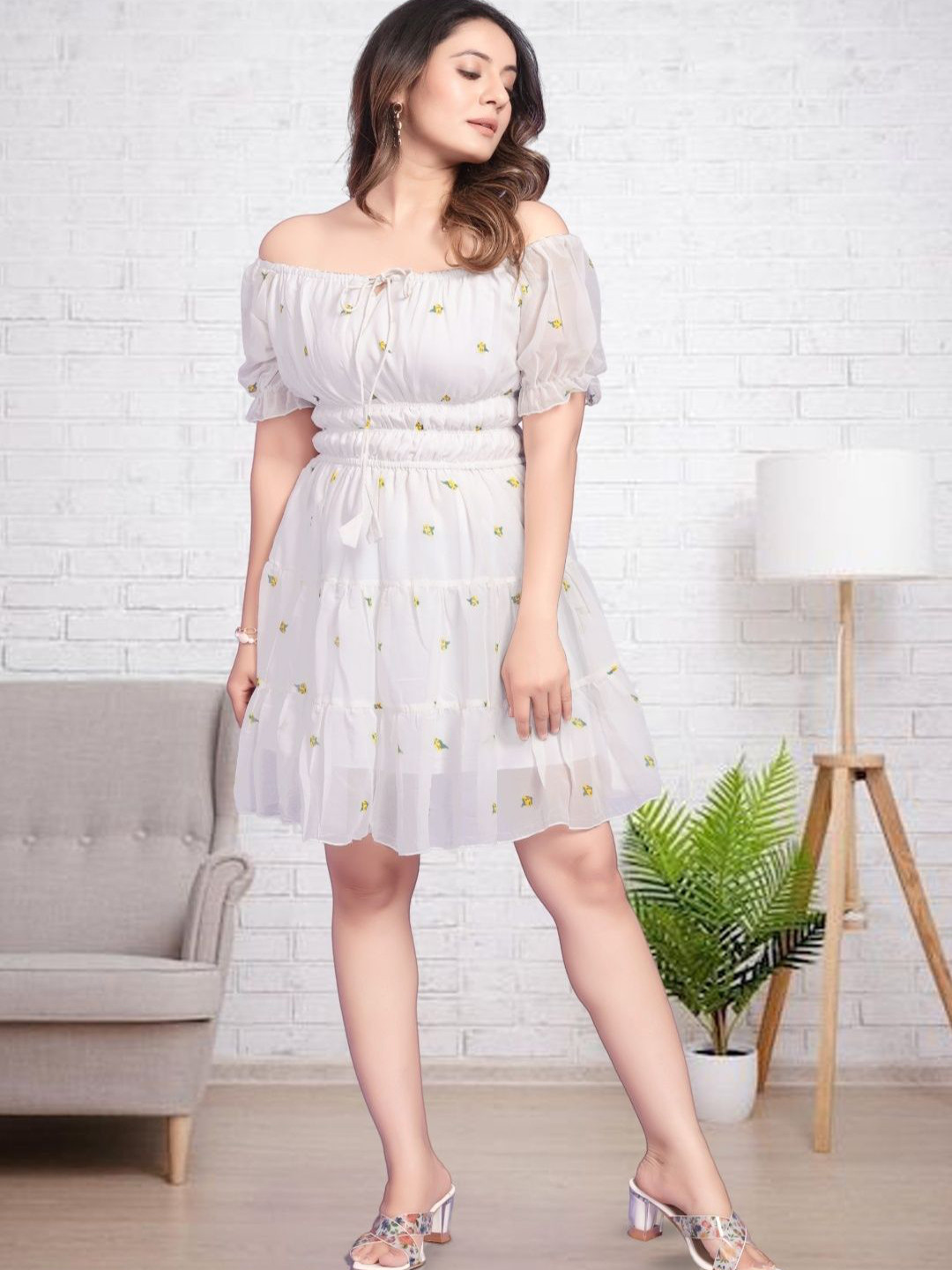 MAIYYA COLLECTION Women Floral Printed Off-Shoulder Puff Sleeve Fit & Flare Mini Dress