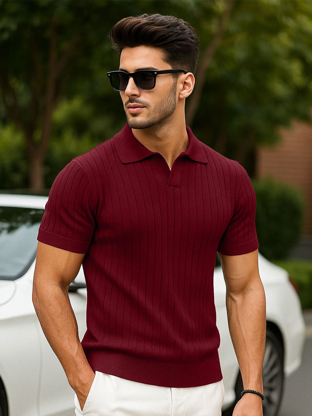 VEIRDO Self Design Striped Polo Collar Pure Cotton T-Shirt