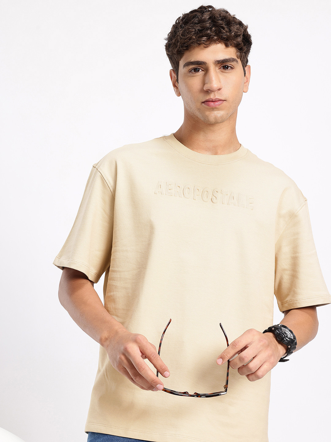 Aeropostale Brand Logo Embossed Drop-Shoulder Sleeves Pure Cotton Oversized T-shirt