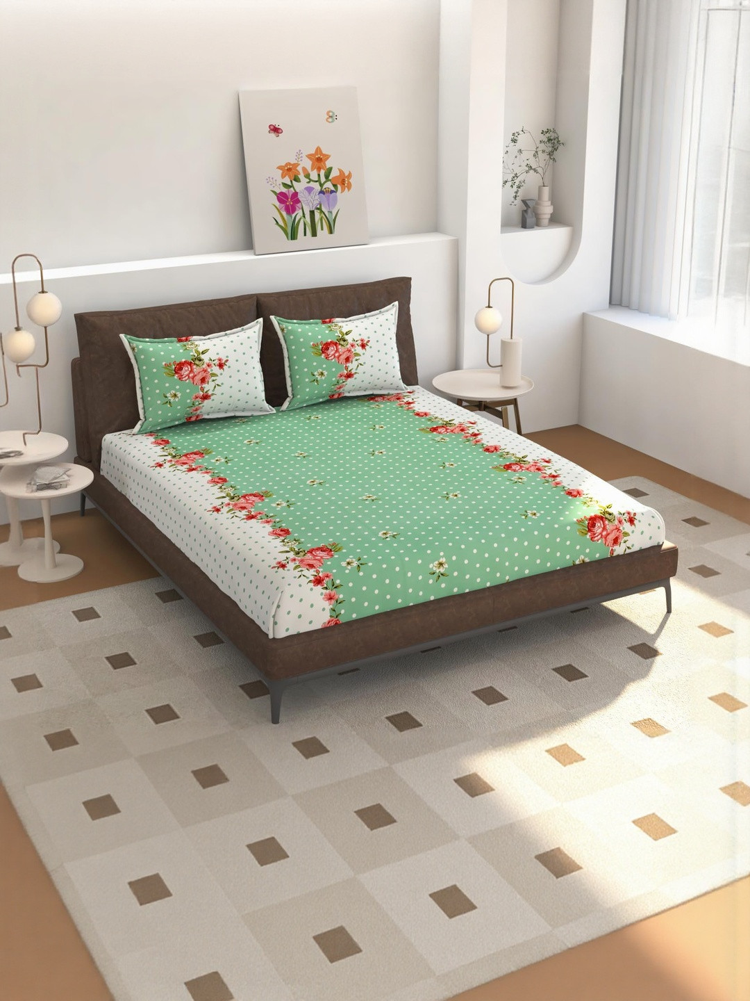 NEW TOWN Sea Green & White Floral 210 TC Queen Bedsheet with 2 Pillow Covers