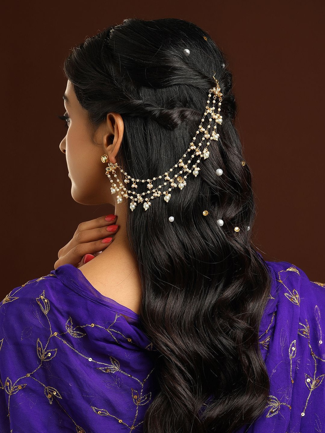 Ruby Raang Gold Plated Pearls Studded Floral Shaped Ear Cuff With Earchain