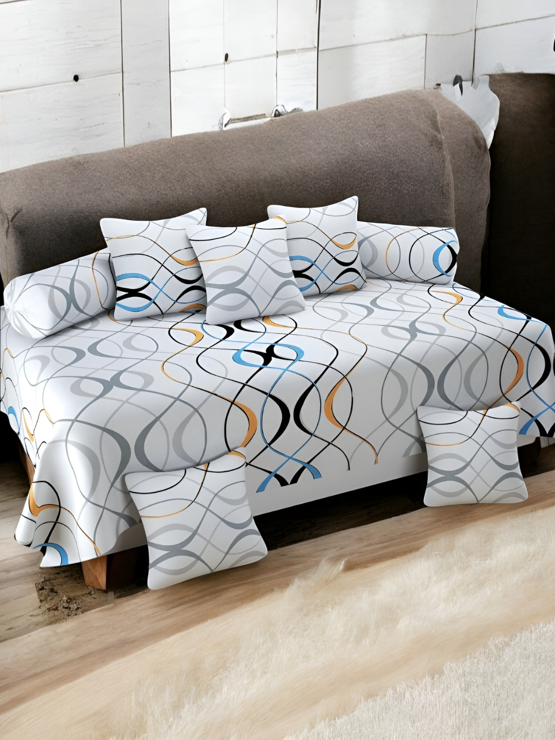 WELLNEST Set Of 8 White Wave Printed Diwan Set