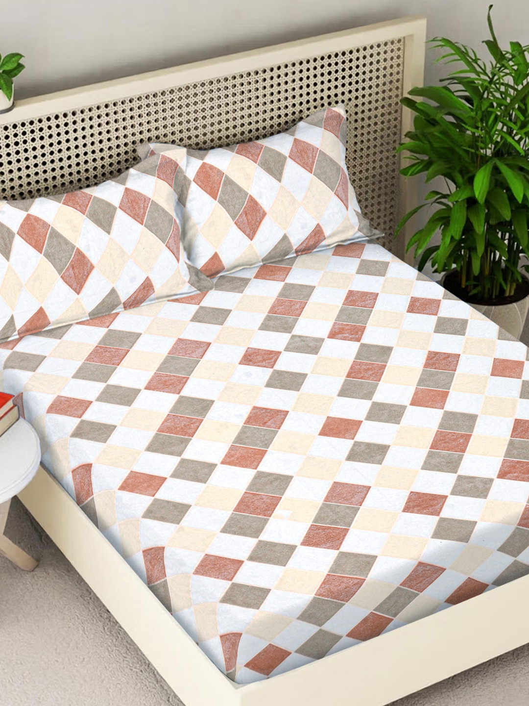 Myntra Elegant Homes Orange & White Geometric Fitted King Bedsheet Set 2.50 m X 2.25 m