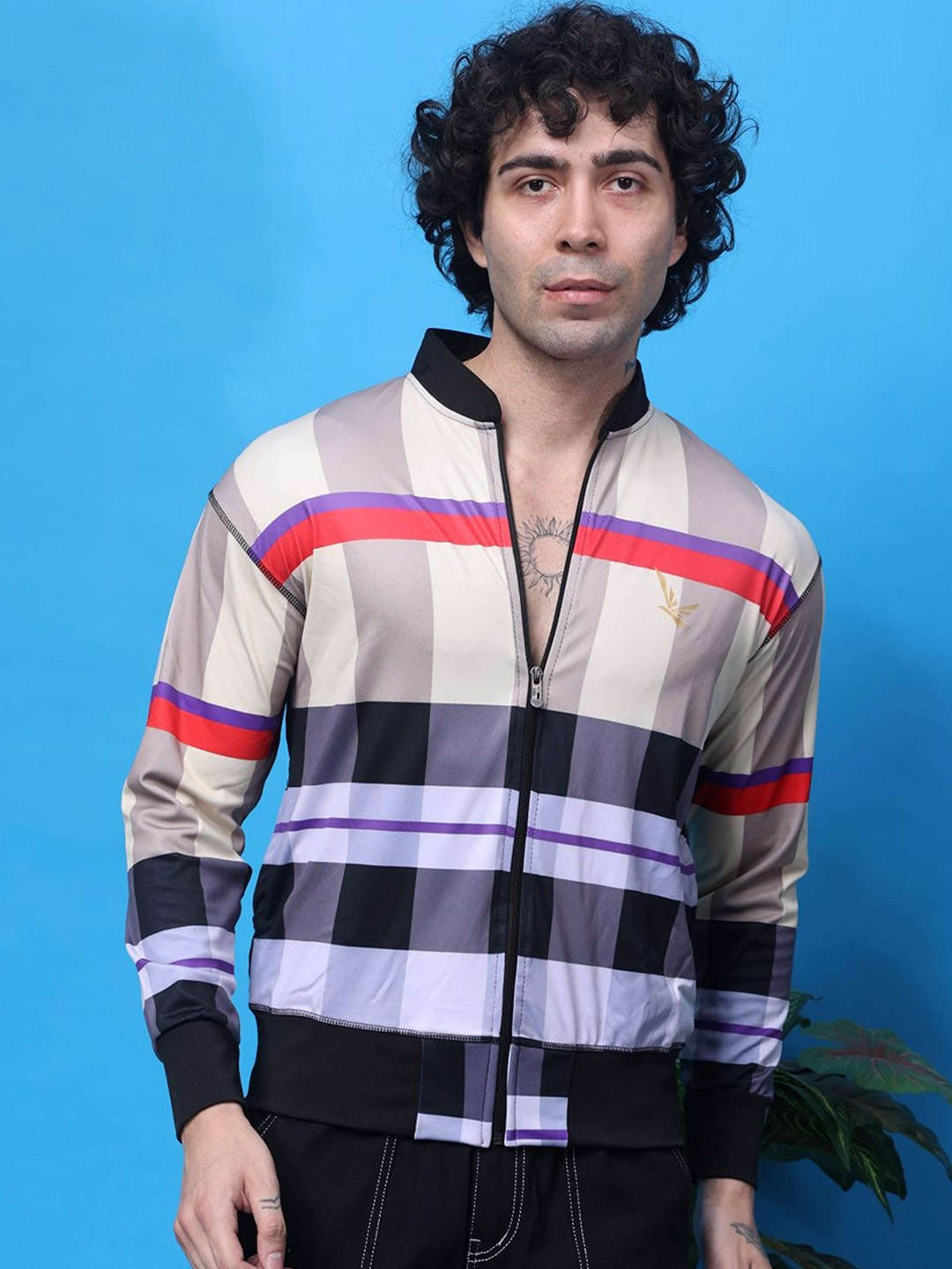 YELLOW TREE Men Stand Collar Checked Lightweight Bomber Jacket