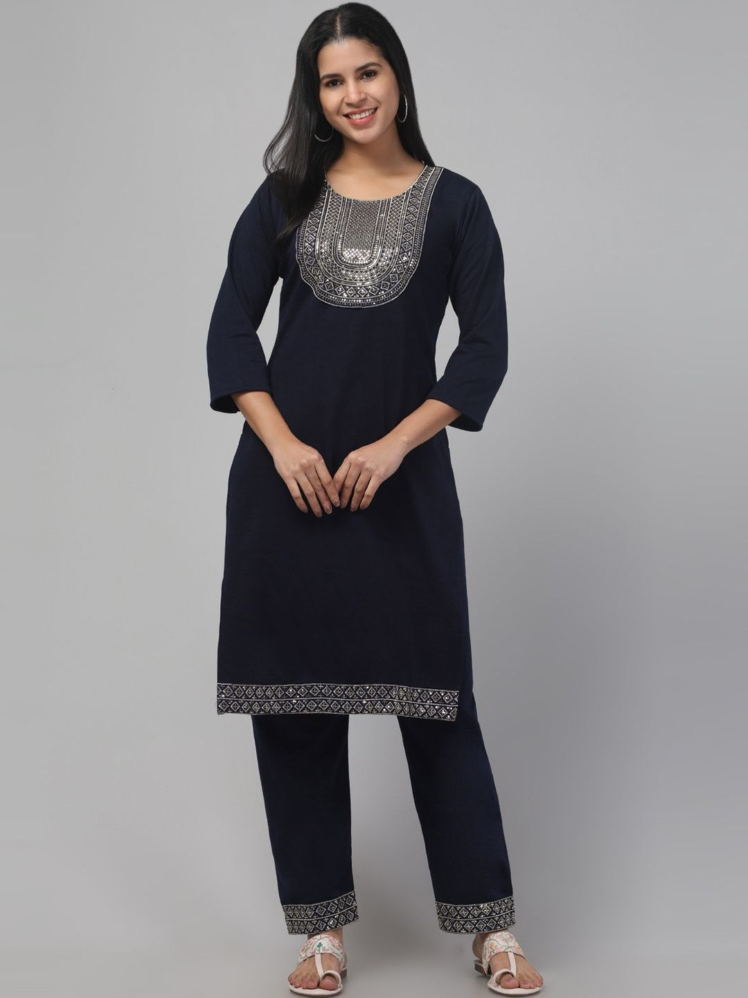 Trend Level Women Ethnic Motifs Embroidered Regular Sequinned Pure Wool Kurta with Trousers