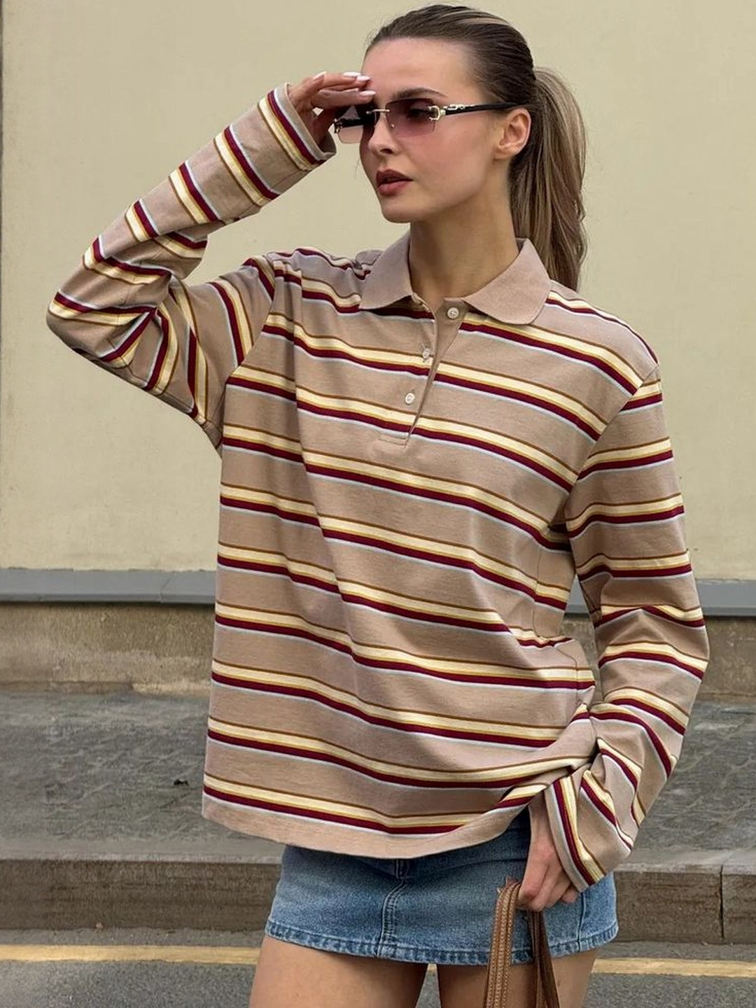 LULU & SKY Women Striped Polo Collar Drop-Shoulder Sleeves T-shirt