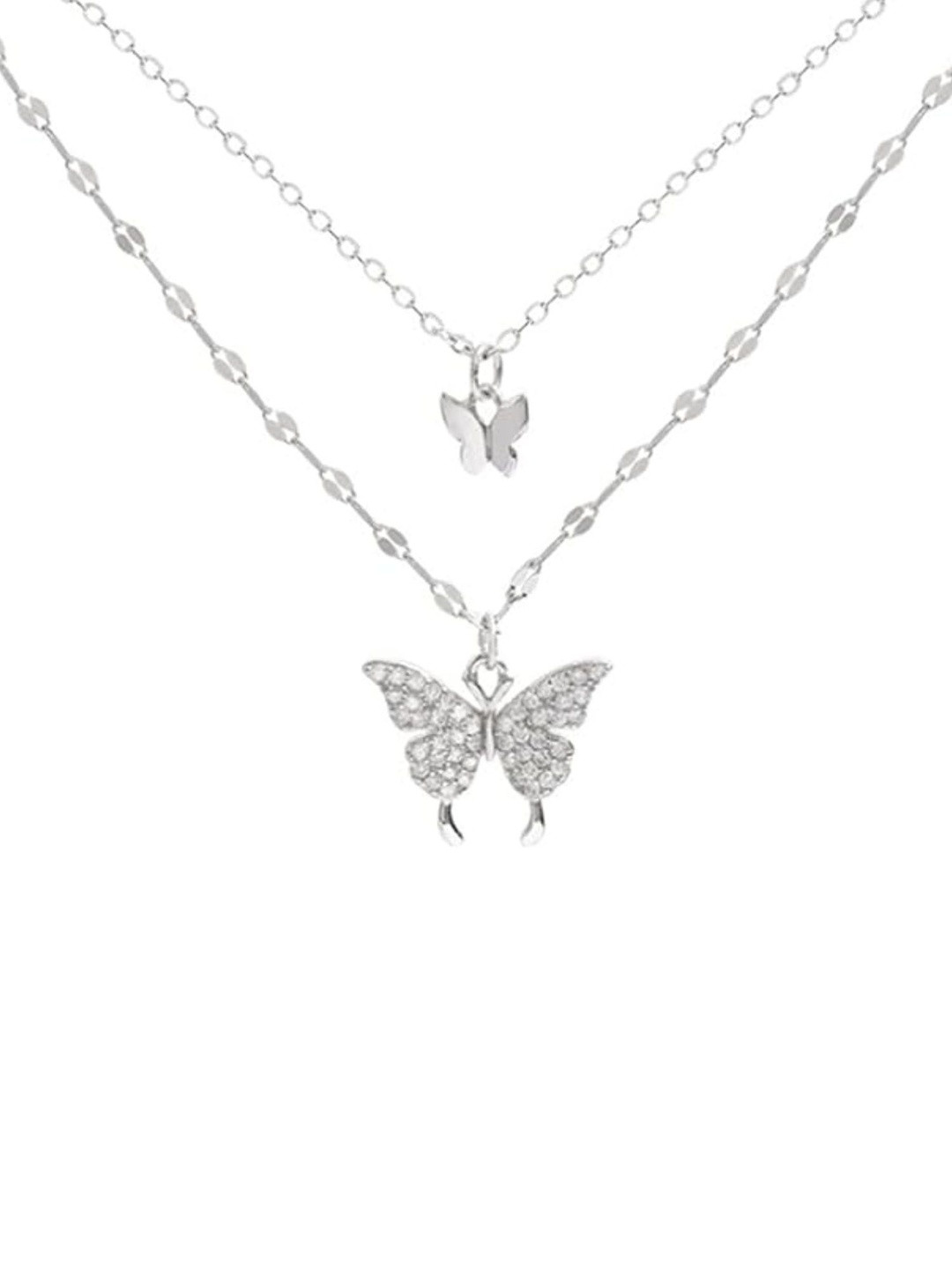 Aryee Silver-Plated Artificial Stones Studded Layered Butterfly Minimal Necklace