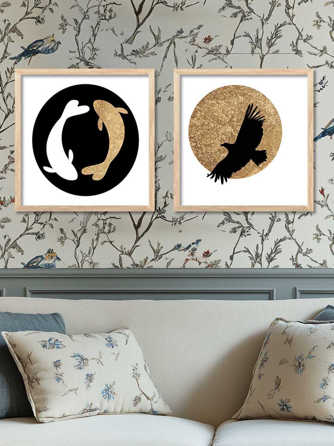 Kotart Brown & White 2 Pieces Fish & Eagle Printed Wooden Wall Arts