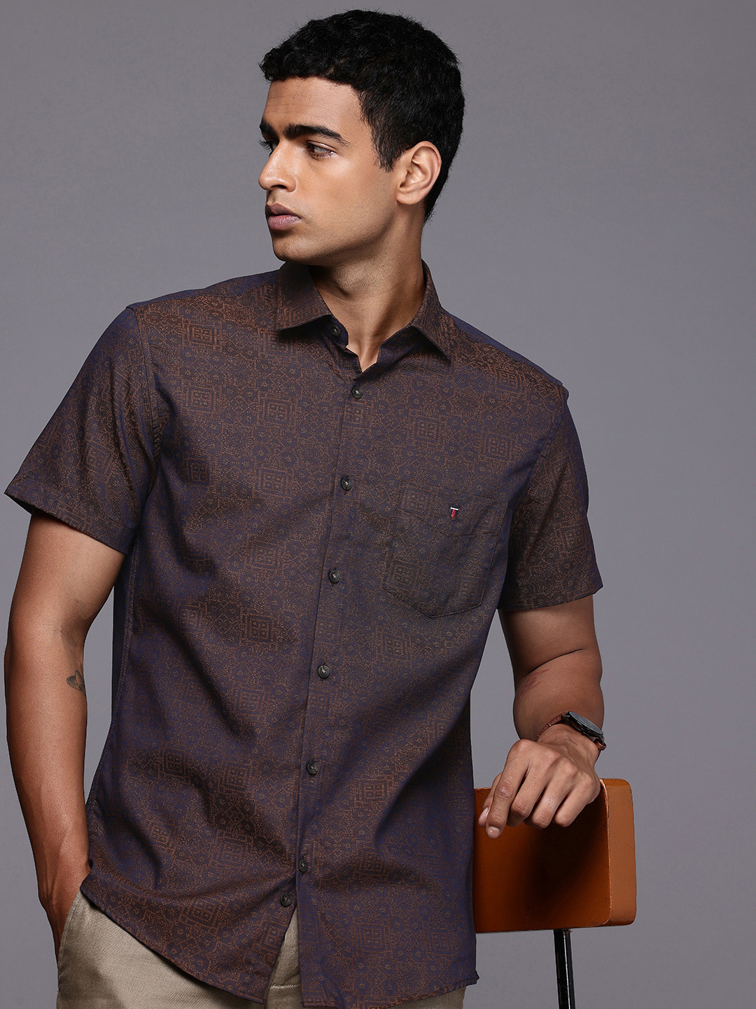 Louis Philippe Sport Pure Cotton Ethnic Motifs Self Design Slim Fit Casual Shirt