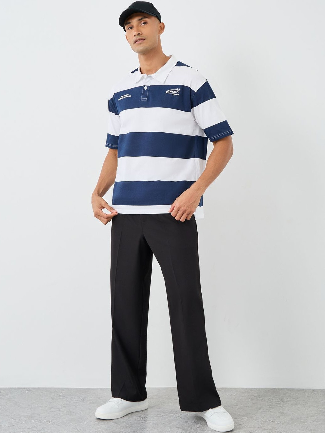 Styli Men Striped Polo Collar Pure Cotton Oversized T-shirt