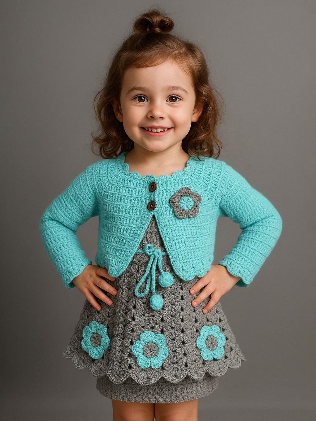 WINDROP SOLUTIONS Girls Self Design Square Neck Fit And Flare Dress With Jackets