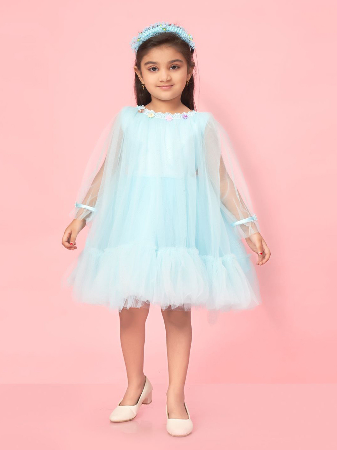 BAESD Girls Ruffles Sheer Sleeve Net Fit & Flare Frock