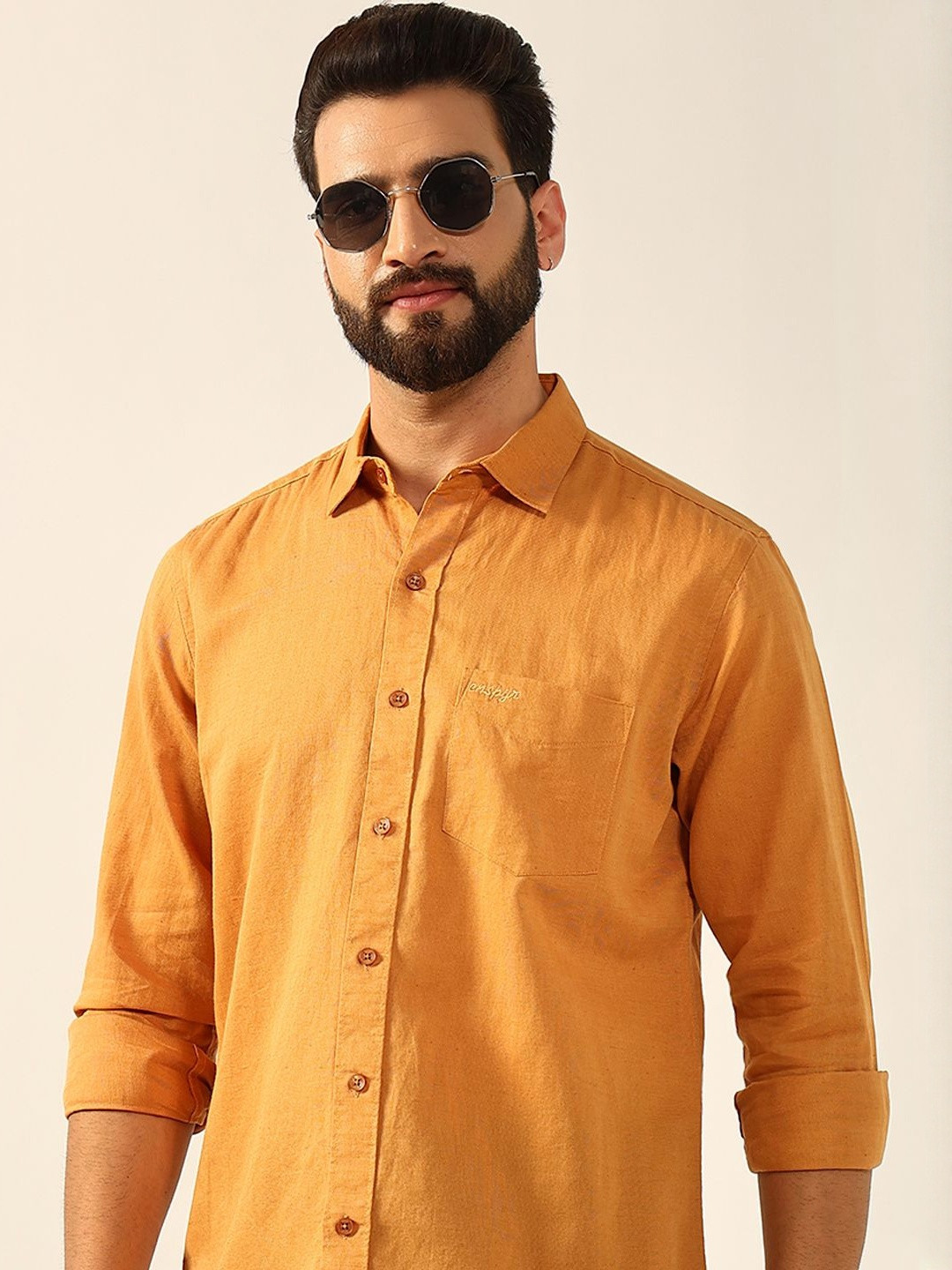ENSPYR Men Mustard Solid Long Sleeves Casual Shirt